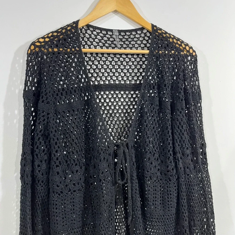 Forever 21 Fariy Festival Crochet Cardigan Front Tie Open Knit Longline Boho